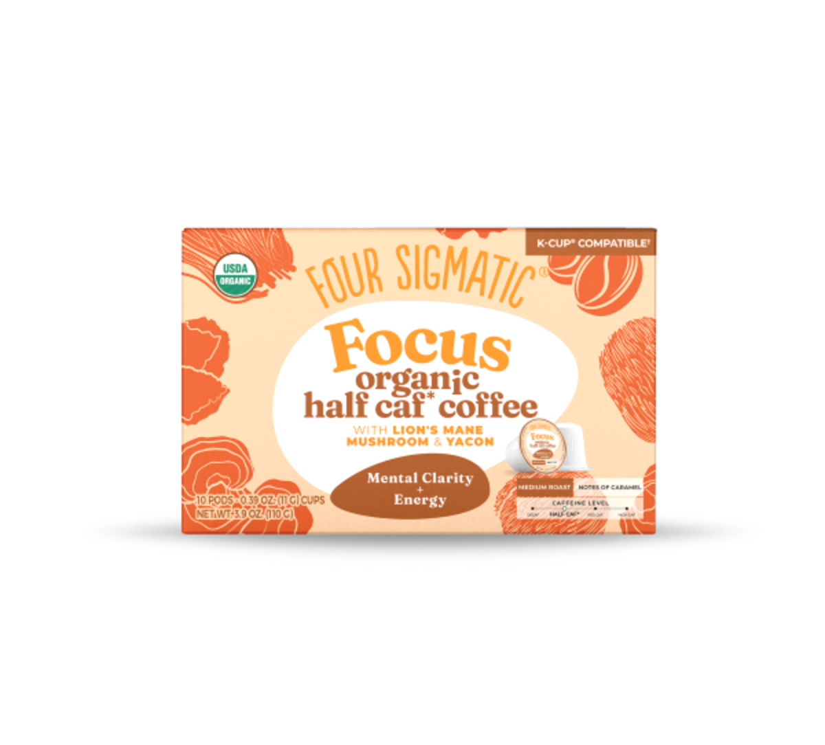 Focus Half Caf Organic Medium Roast Ground Mushroom Coffee Pods with Lion's Mane and Yacon