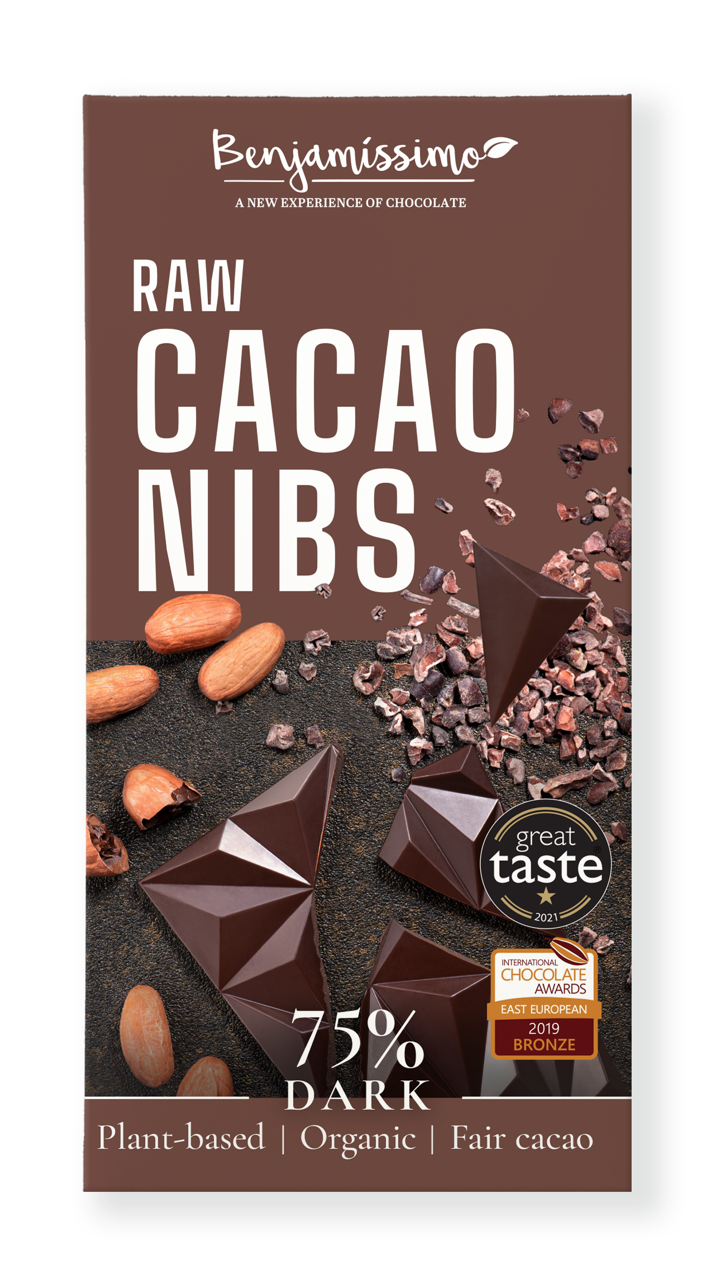 Organic Dark 75% Raw Cacao Nibs Chocolate Bar