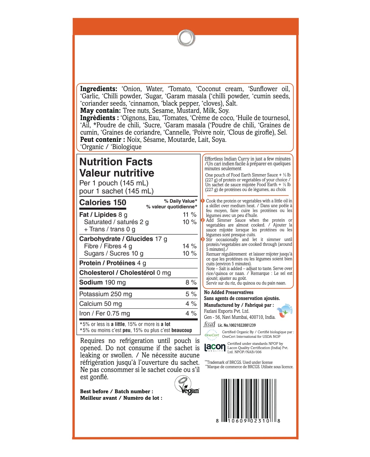 Food Earth Organic Butter Chicken Simmer Sauce