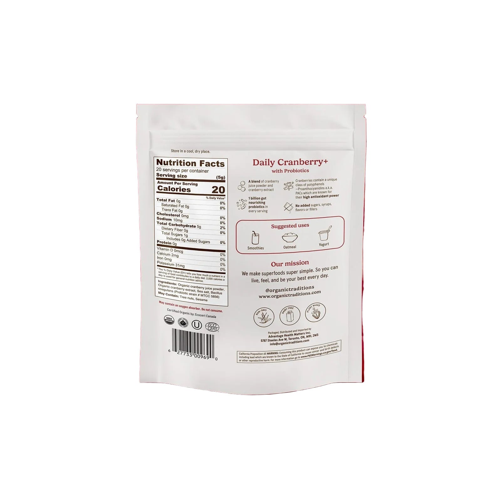 Organic Traditions Daily Cranberry With Probiotics