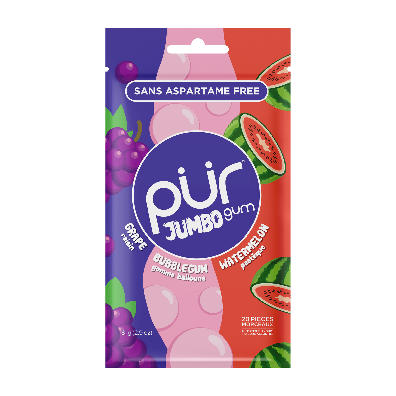 pur Aspartame-Free Grape Bubblegum Watermelon Jumbo Gum