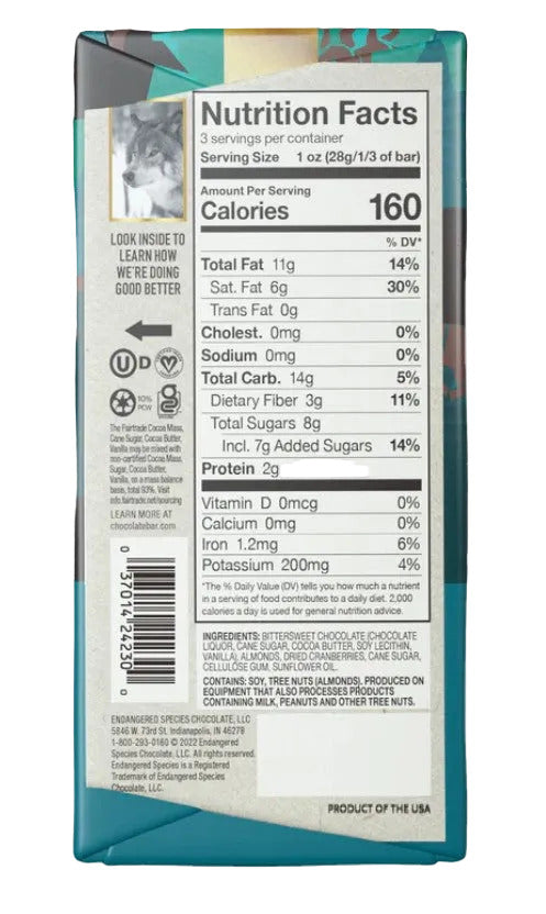 Endangered Species Dark Chocolate With Cranberries & Almonds Bar