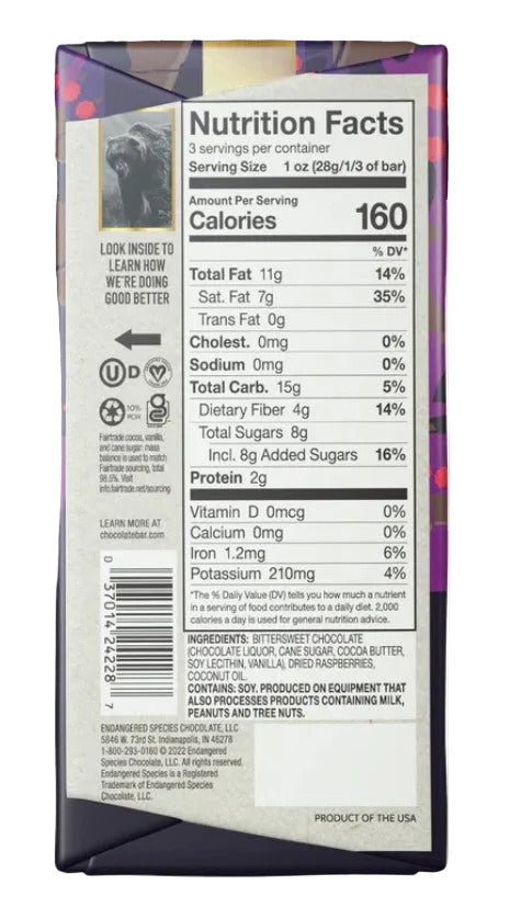 Endangered Species Dark Chocolate With Raspberries Bar