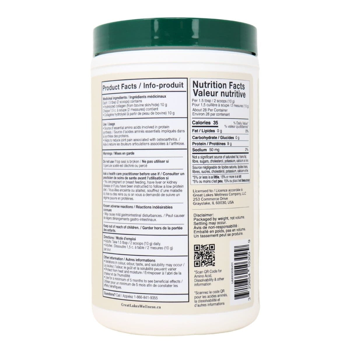 Great Lakes Wellness Unflavoured Bovine Collagen Peptides