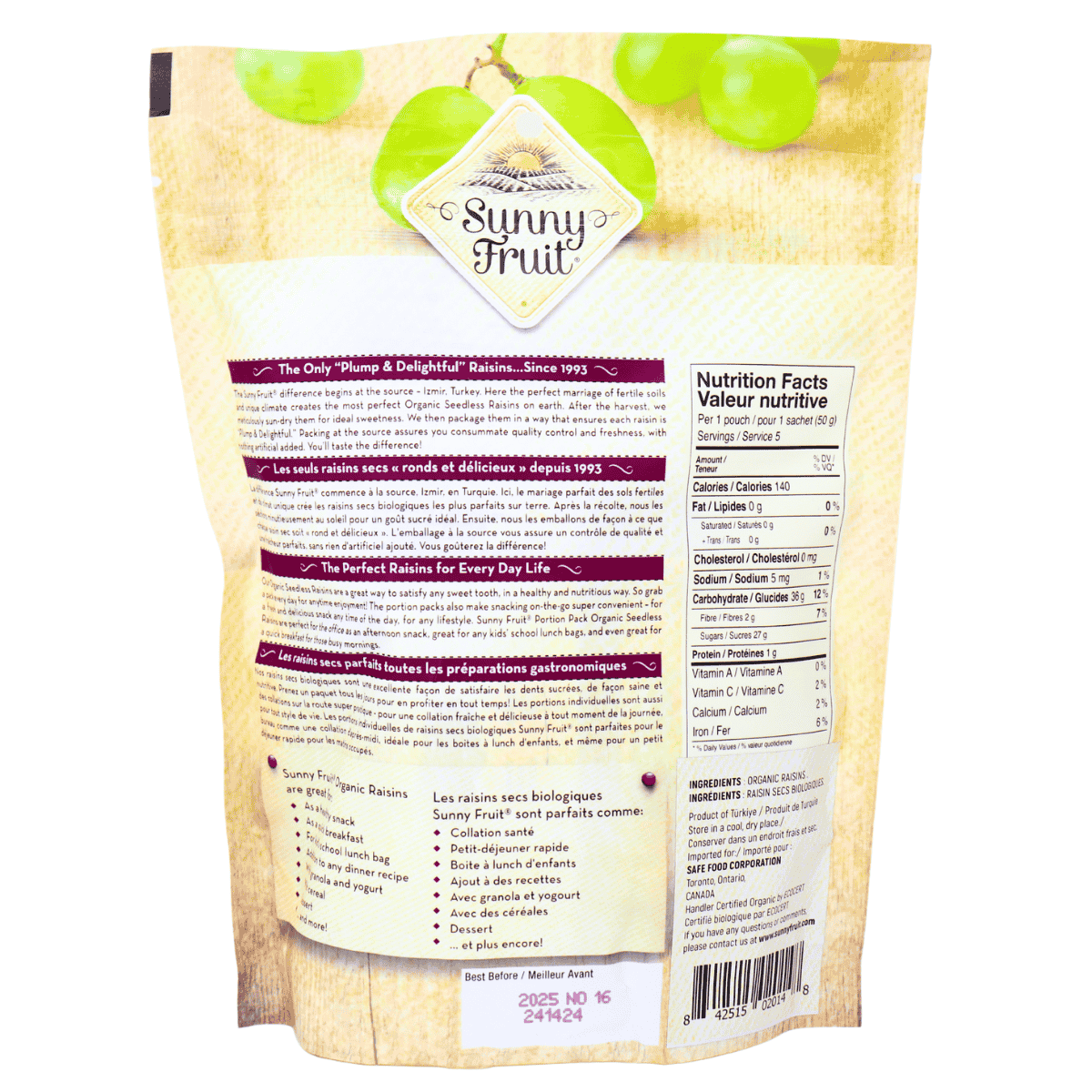 Sunny Fruit Org Portion Packed Seedless Raisins