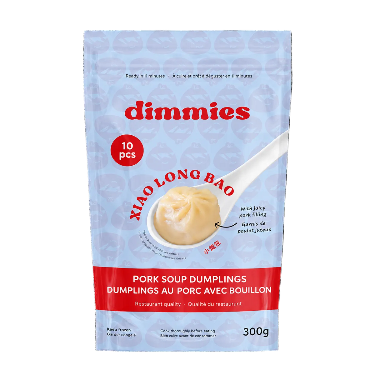 A 300g package of dimmies Xiaolong Bao Pork Soup Dumplings, featuring a light blue patterned background, a white spoon filled with dumpling filling, and red accents on the packaging.