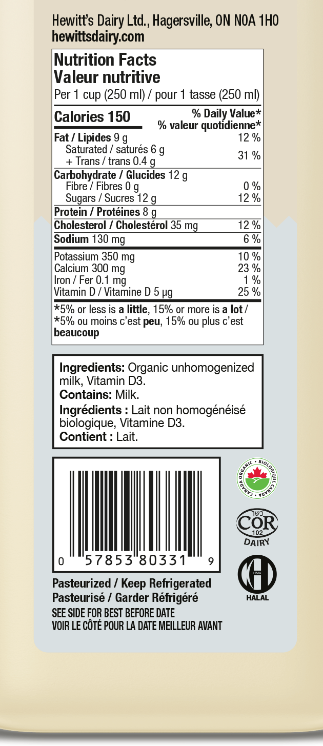 Hewitt's Organic 3.8% Unhomogenized Whole Milk