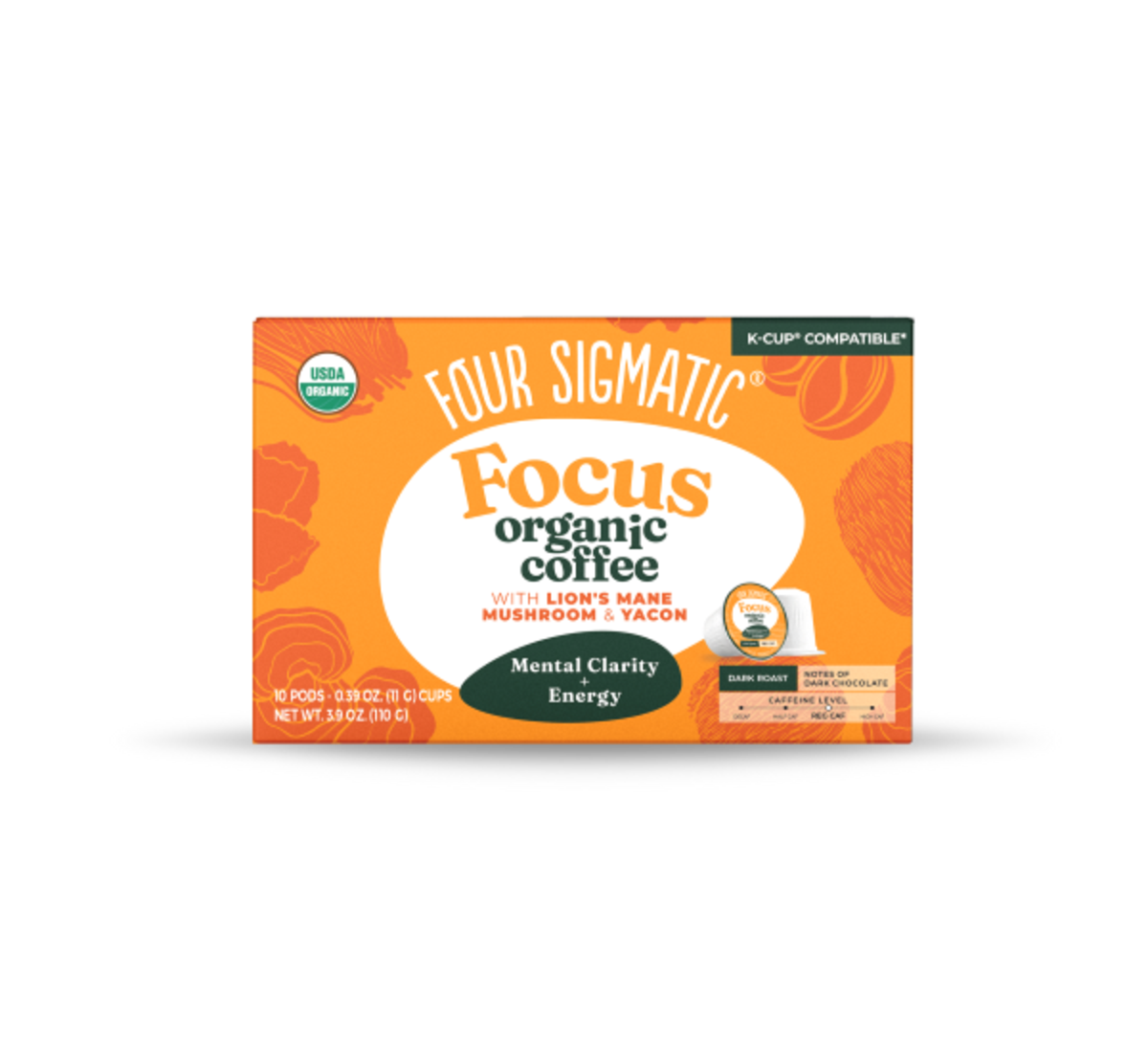 Focus Organic Dark Roast Mushroom Coffee Pods with Lion's Mane and Yacon