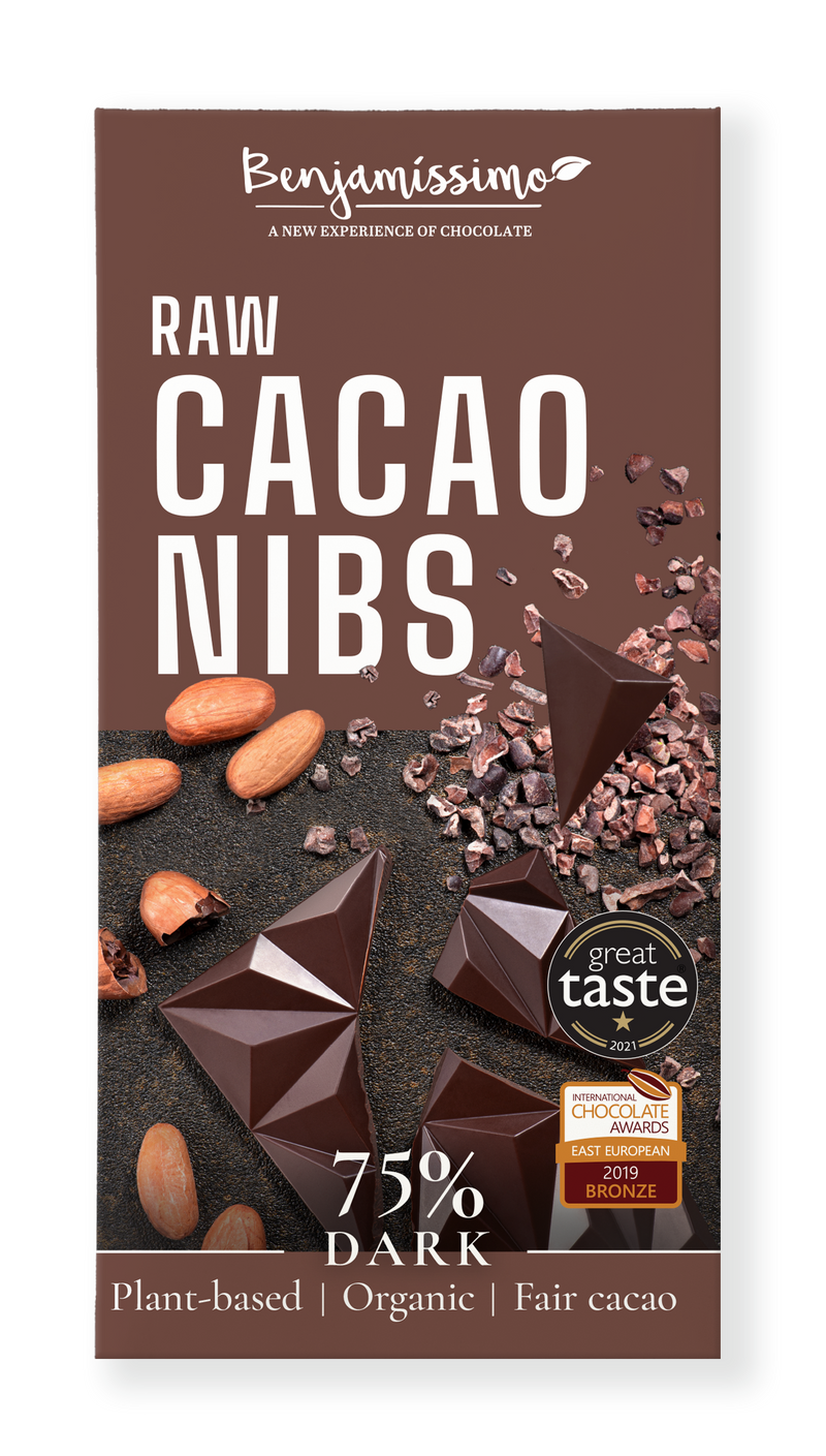 Organic Dark 75% Raw Cacao Nibs Chocolate Bar