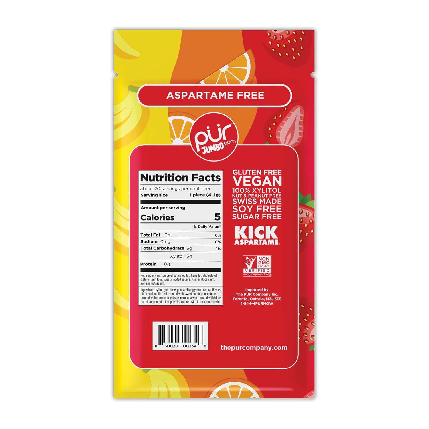 The Pur Company Inc. Aspartame-Free Strawberry Orange Banana Jumbo Gum