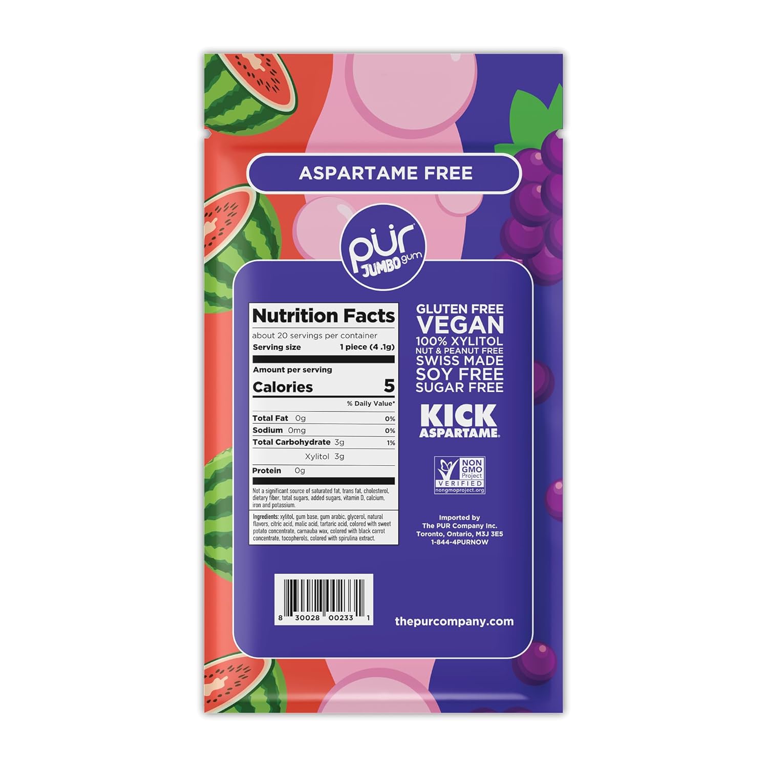 The Pur Company Inc. Aspartame-Free Grape Bubblegum Watermelon Jumbo Gum