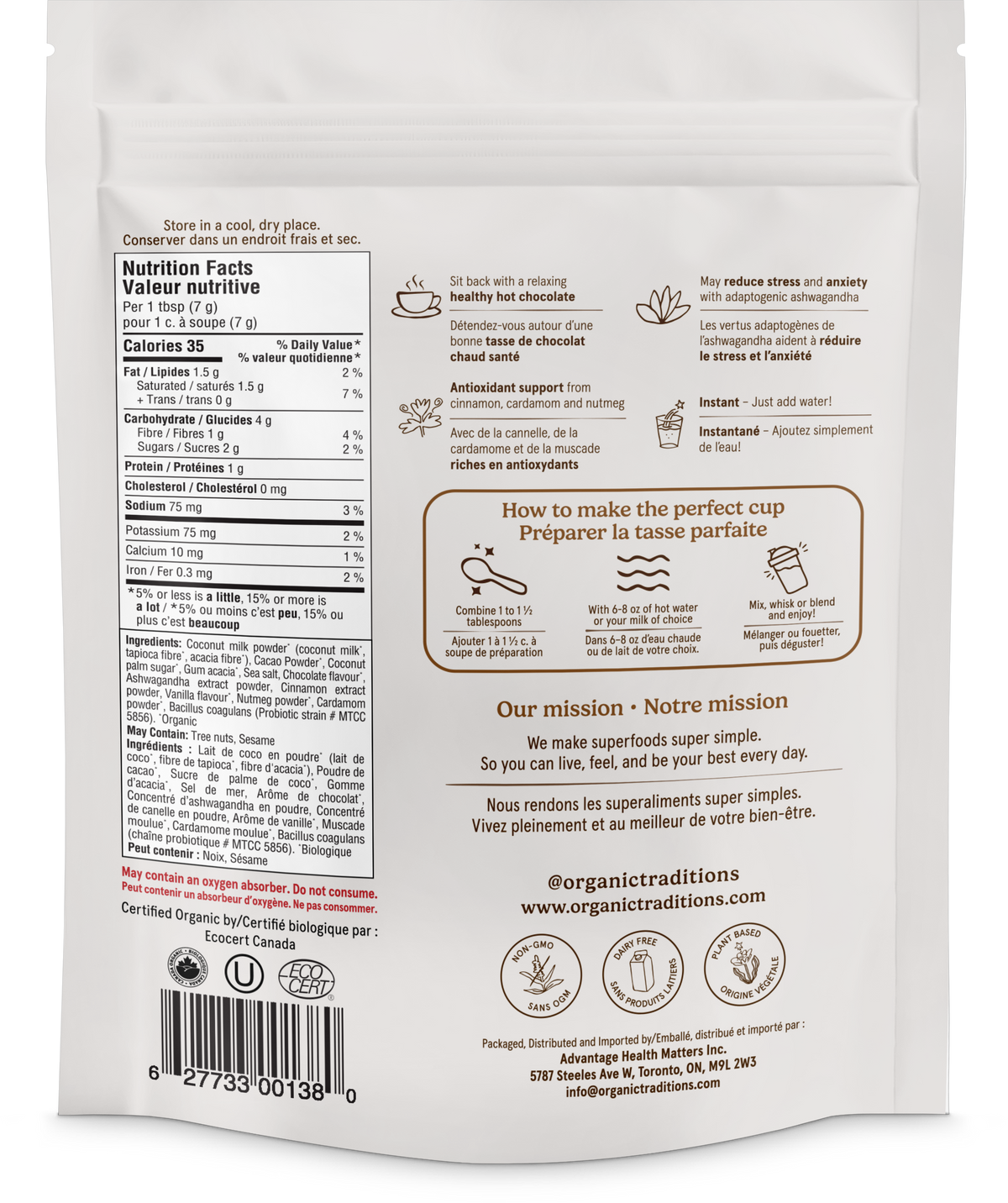 Organic Traditions Organic Chocolate Latte With Ashwagandha And Probiotics