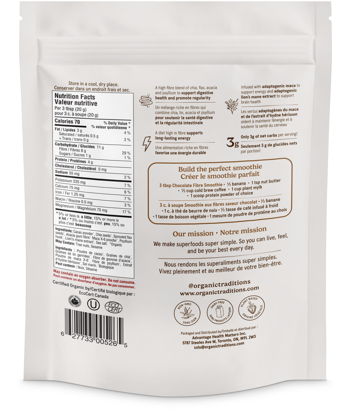Organic Traditions Chocolate Fibre Fuel Smoothie Boost