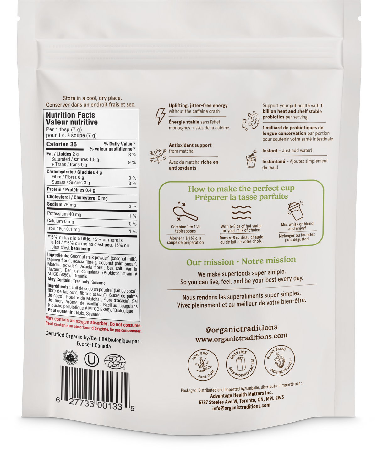 Organic Traditions Organic Matcha Latte with Probiotics