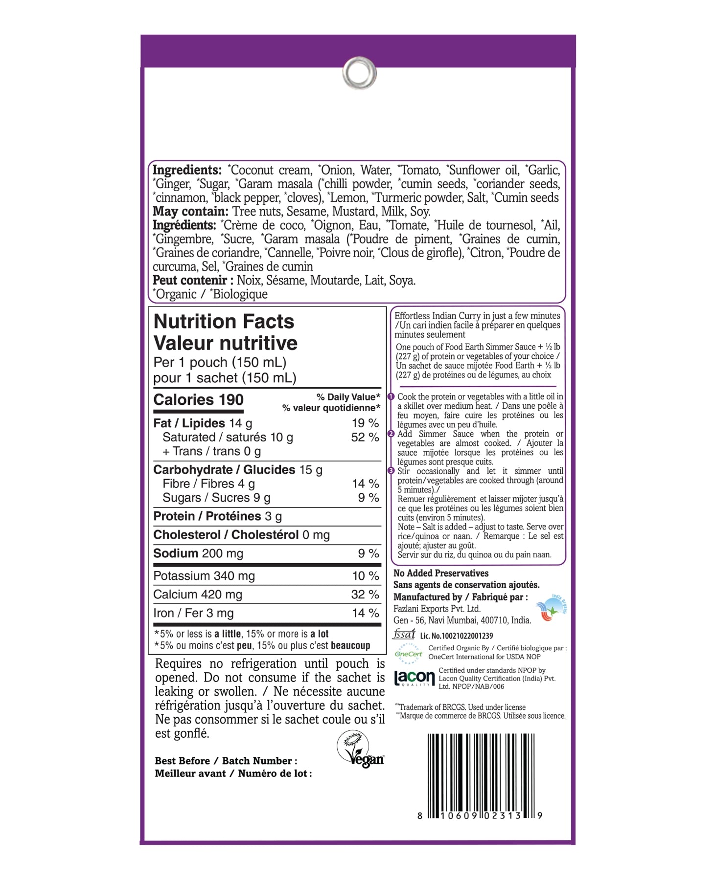 Food Earth Organic Coconut Curry Simmer Sauce