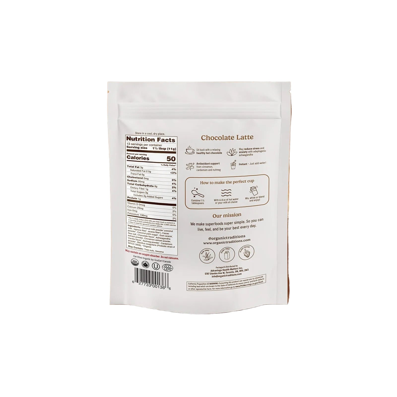 Organic Traditions Organic Chocolate Latte With Ashwagandha And Probiotics