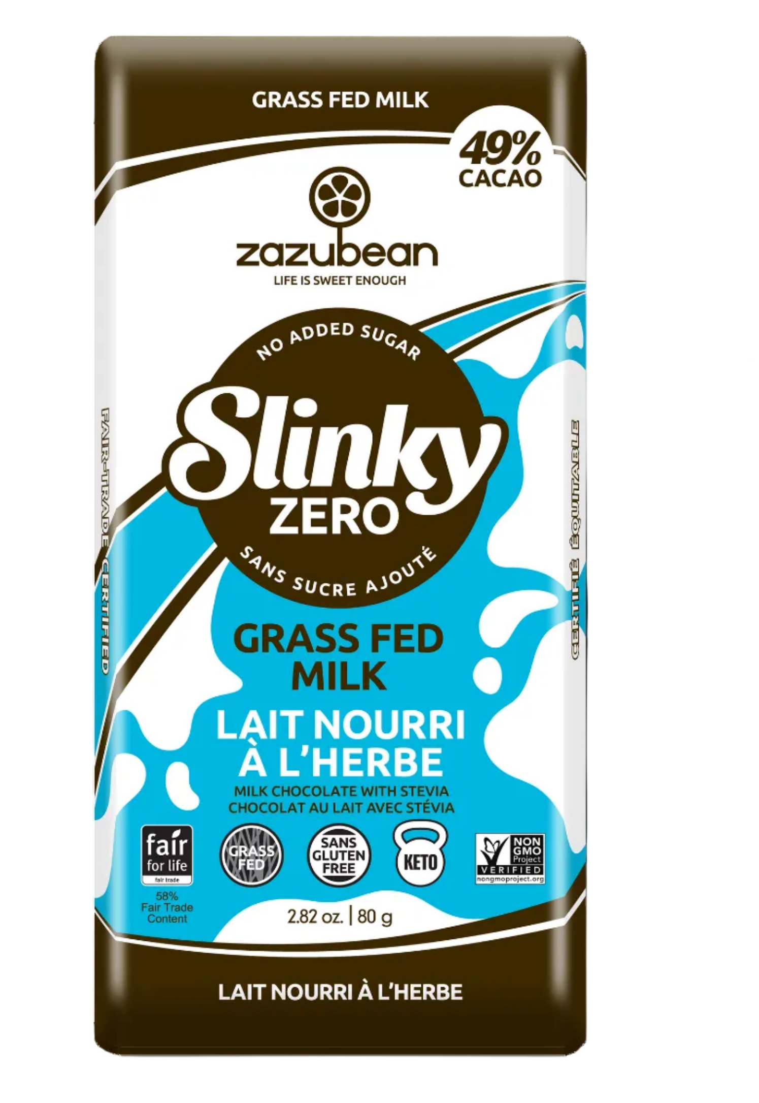 Zazubean Grass Fed 0% Sugar Milk Chocolate Bar