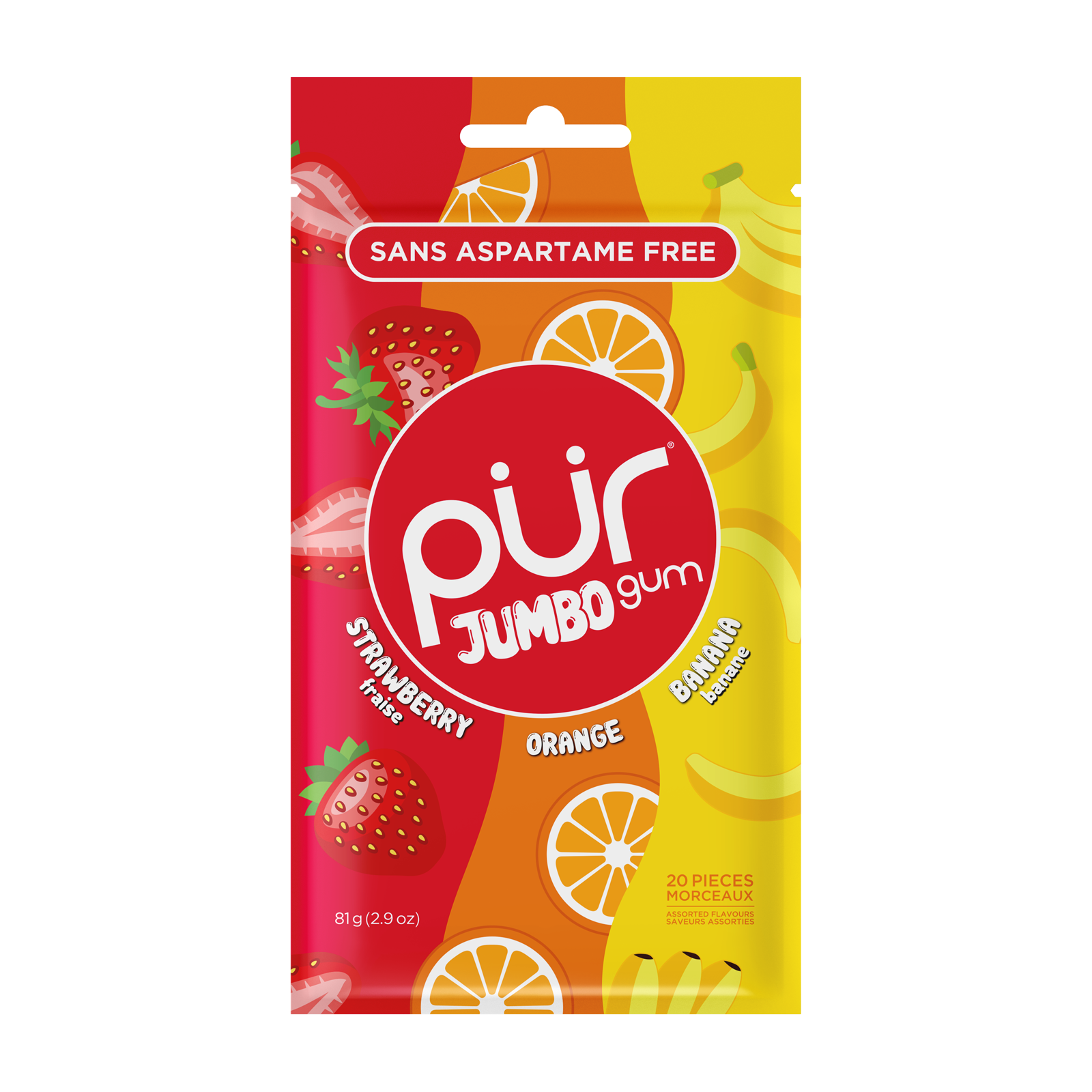Aspartame-Free Strawberry Orange Banana Jumbo Gum