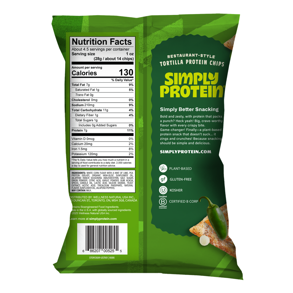 Simply Protein Gluten-Free Plant-Based Jalapeno Ranch Tortilla Protein Chips