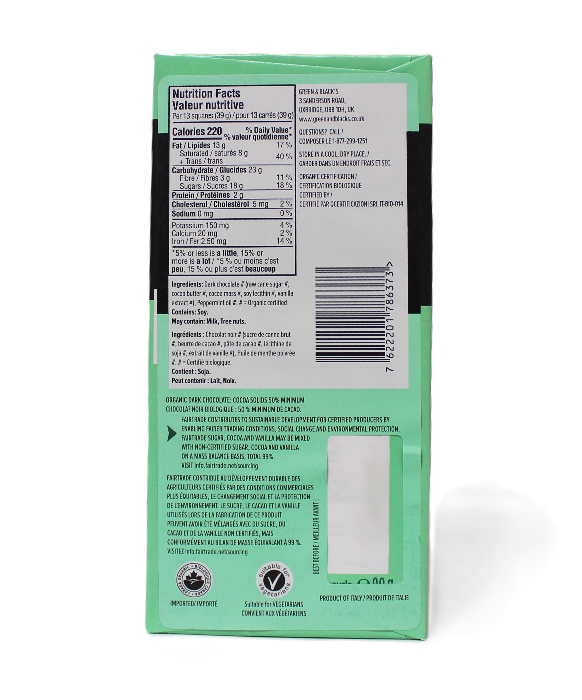Organic Smooth Dark Mint 50% Chocolate Bar