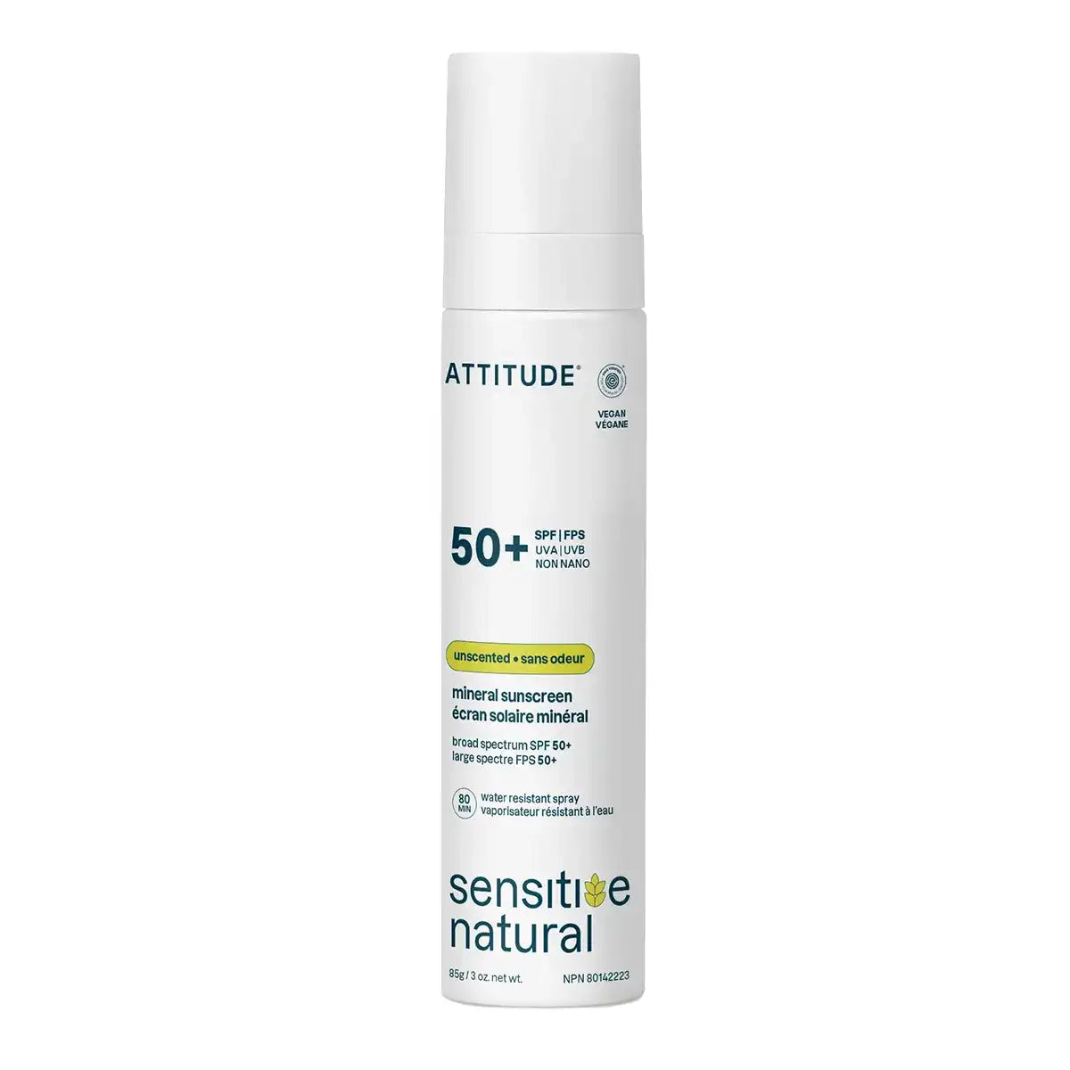 Attitude Sunly SPF50 Unscented Sensitive Mineral Sunscreen Spray